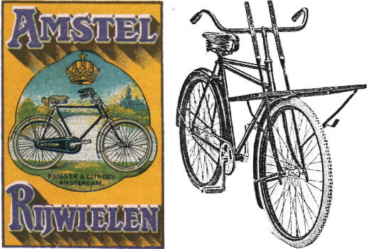 Links: Amstel-herenfiets met voorvering (vignette, jaren '10), rechts: Amstel-transportfiets (folder uit 1930).